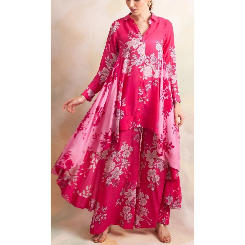 Palak & Mehak Women's Fucshia Pink Ria Hi-Low Kurta Pant Suit & Undershirt - XXL